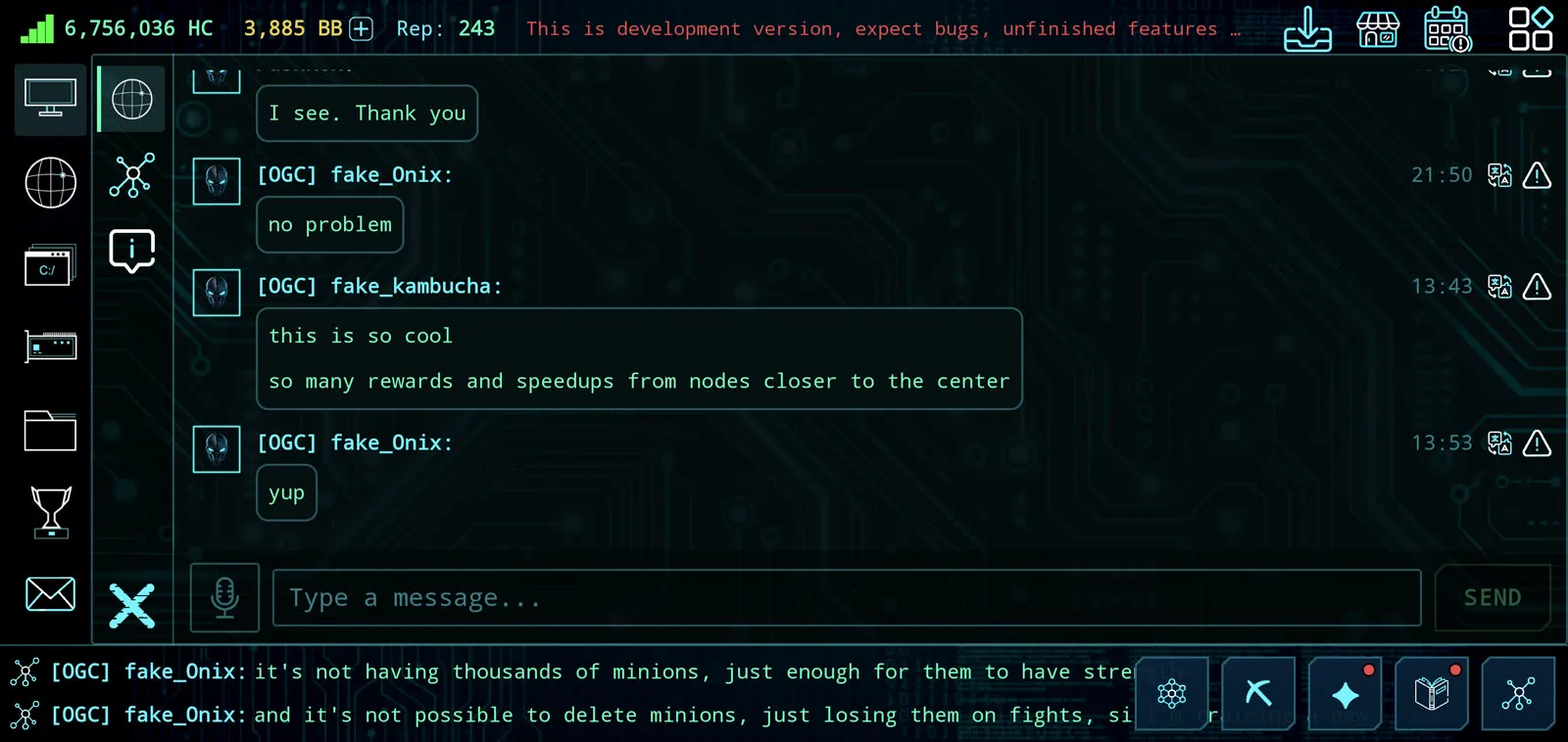 Hackerz Online 3 chat: channel tabs and the message stream of the in-game chat