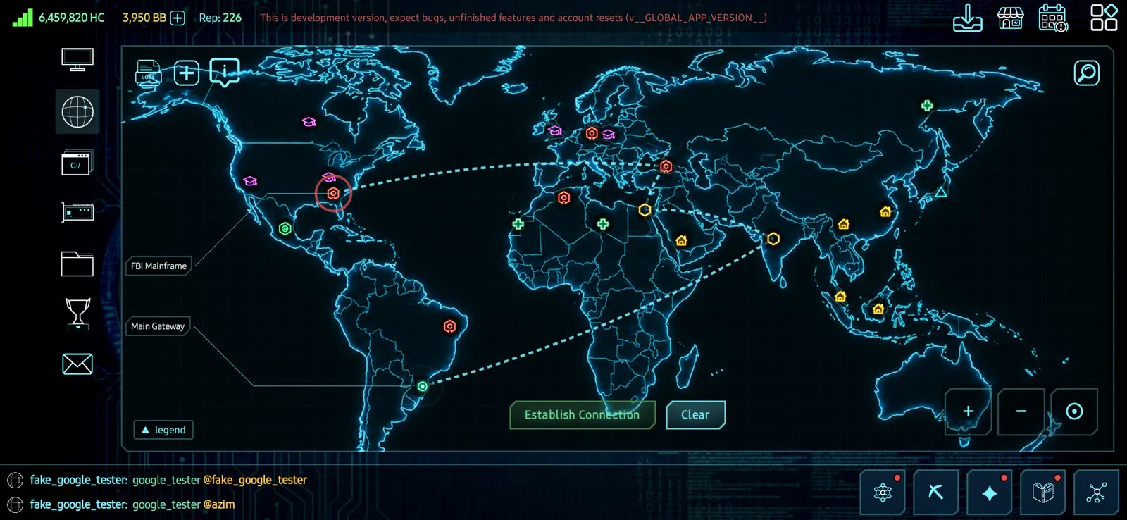 Hackerz Online 3 connection map: a bounce chain plotted across the world map in the Connection Manager