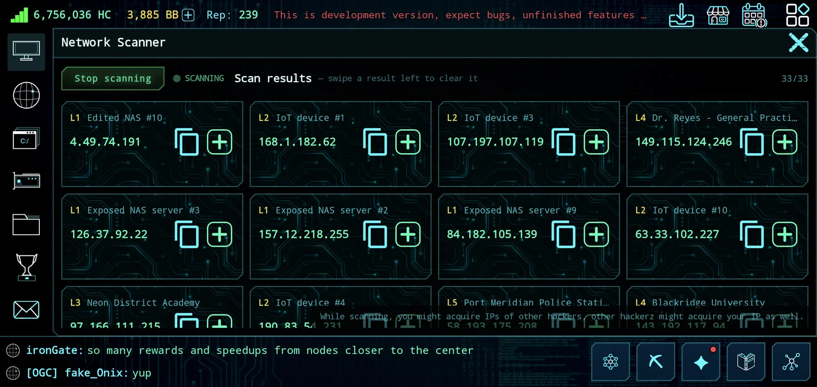 Hackerz Online 3 network scanner: a scan running with discovered hosts in the results list