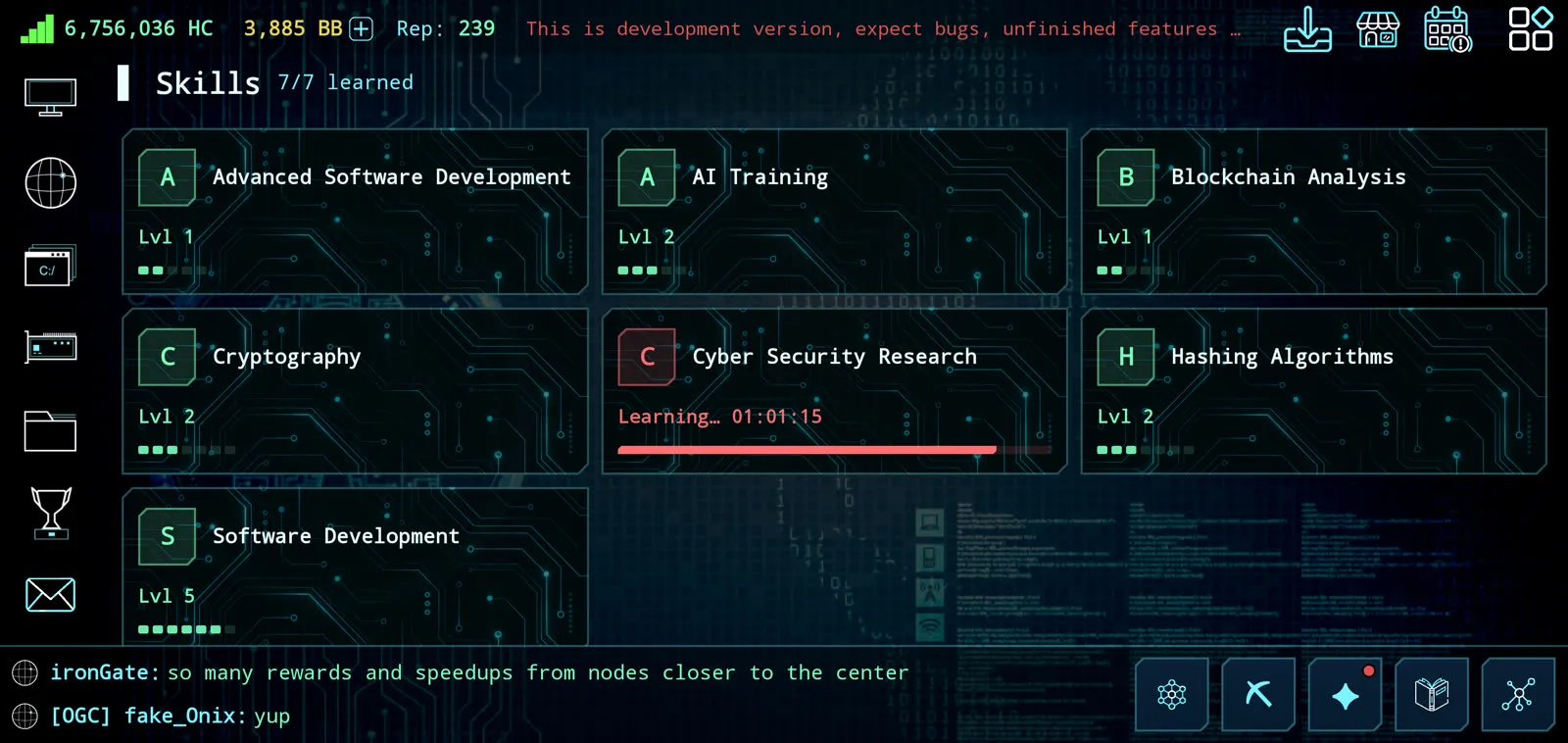 Hackerz Online 3 skill tree: skill cards with levels and progress on the circuit-board grid